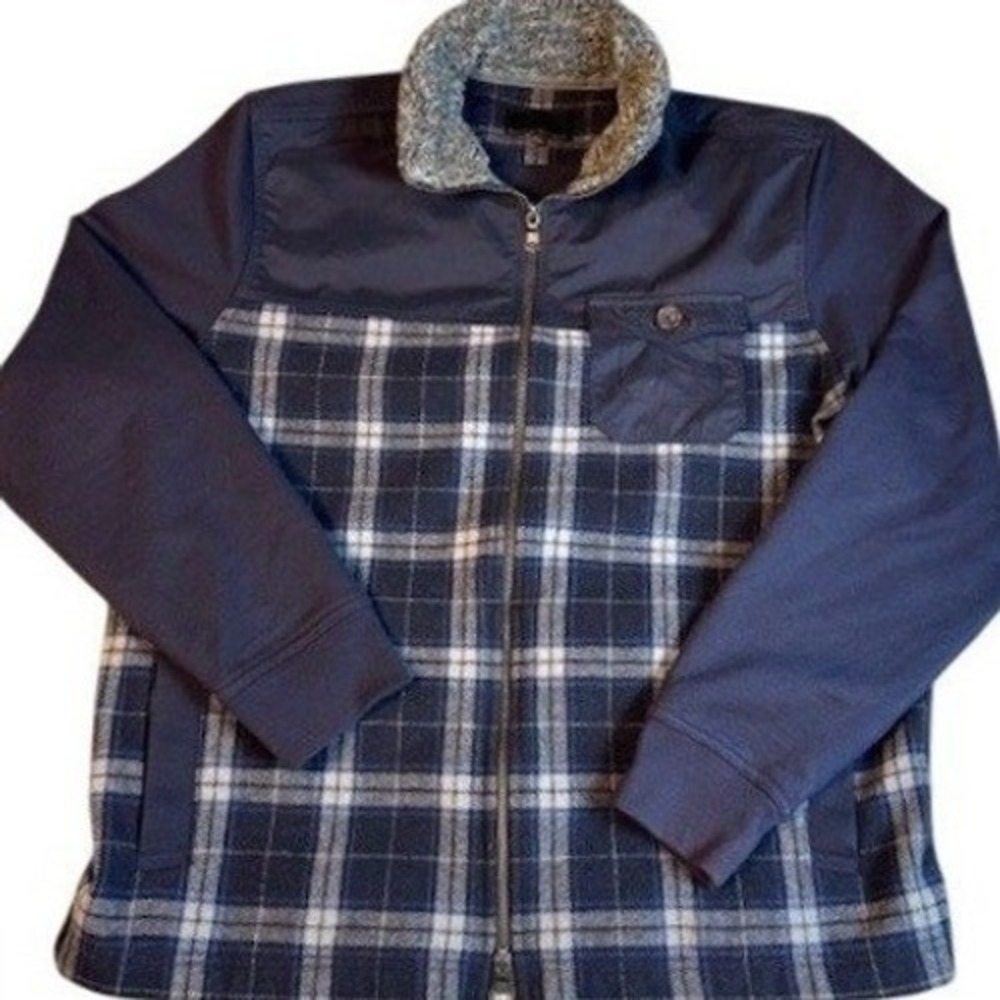 Banana Republic Jacket Mens L Plaid Mixed Media Full Zip Sherpa Collar Navy Blue